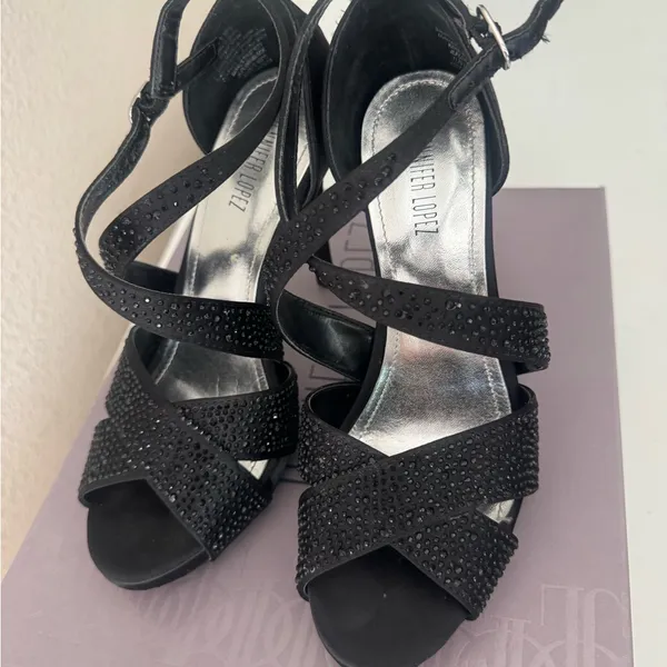 Jennifer Lopez Black Strappy Crystal Accent Heels - Image 9