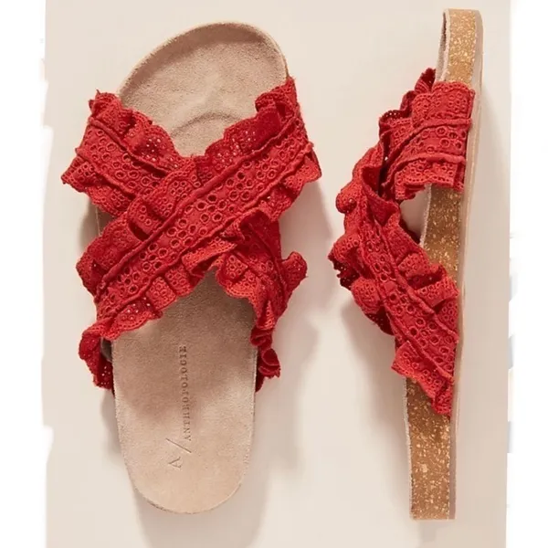 Anthropologie Bianca Ruffled‎ Slide Sandals in Red Size 8 - Image 9