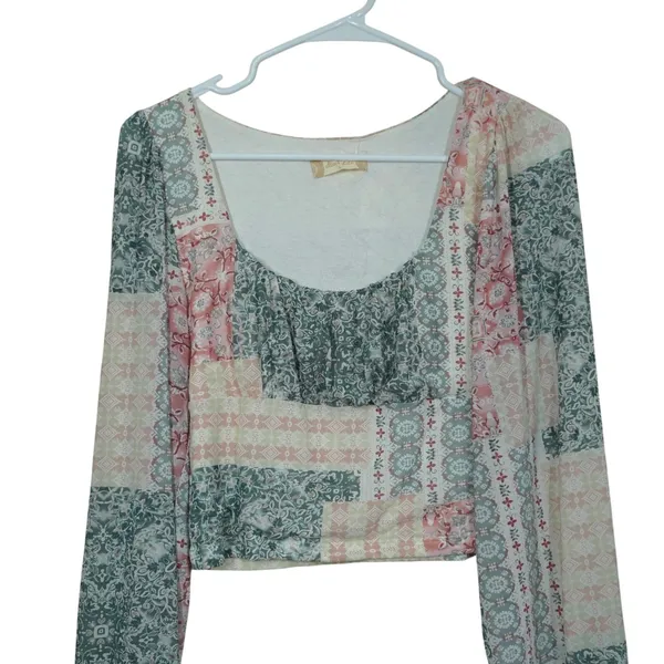 Altar'd State Patchwork Pastel Boho Crop Top Long Sleeve Blue Pink Large NWT - Image 3
