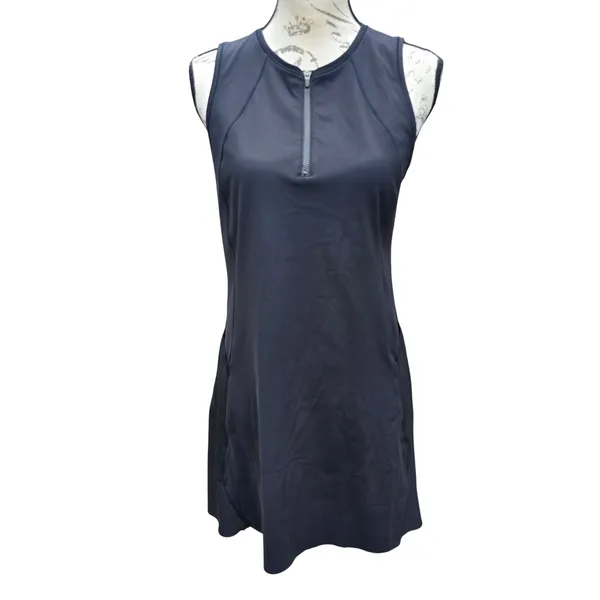 Athleta Match Point Tennis Dress Black Mesh Racerback Quarter Zip‎ Pockets M - Image 3