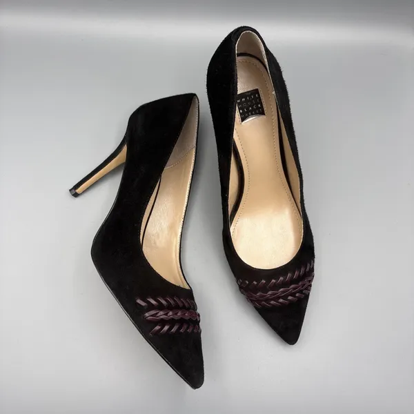 White House | Black Market High Heels Size 8 Black Suede Olivia Whipstitch Purple Braided Pumps Gothic - Image 2