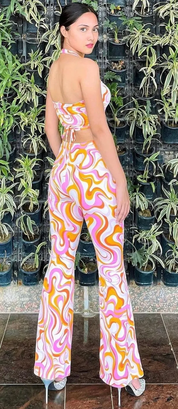 H&M Pink Orange White Patterned Retro Halter Crop Top - Image 5