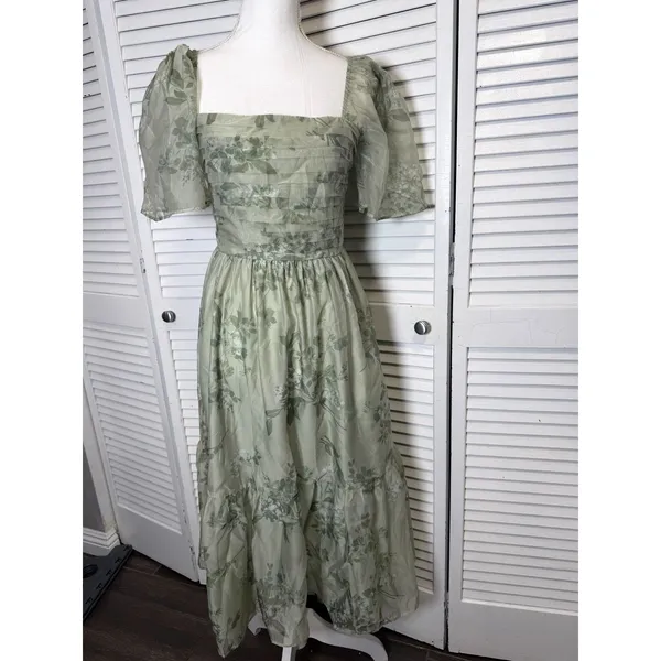 Abercrombie & Fitch Emerson Angel Sleeve Midi Dress Sage Green Floral Sz XS - Image 7