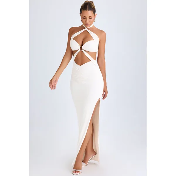 Oh Polly Kalyani White Cut Out Ruched Halter Maxi Dress NWT Size XS‎ - Image 6