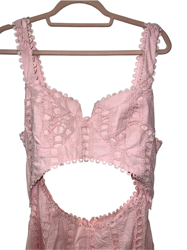 Commense Pink Eyelet Embroidery Cutout Waist Midi Dress Size L NWT - Image 4