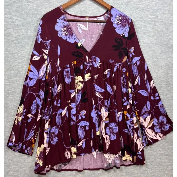 Free People Bella Tunic Purple Long Sleeve Boho‎ Blouse Womens Size XS - Image 3