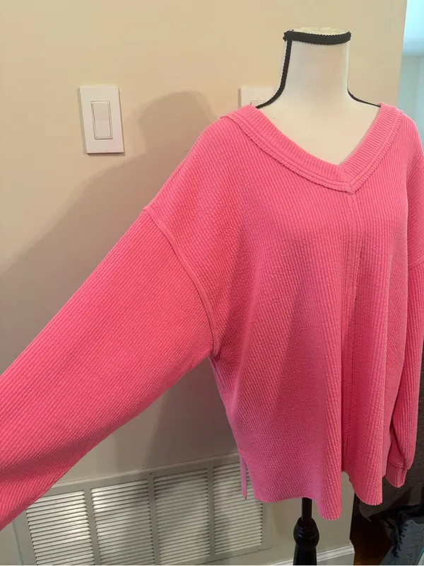 aerie Relaxed V-Neck Waffle Knit Sweater - Coral Pink - Image 4