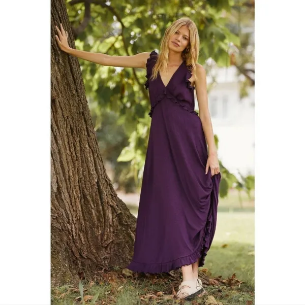 Anthropologie Deep V Ruffled Maxi Dress Adjustable Back Tie Dark Purple … - Image 3