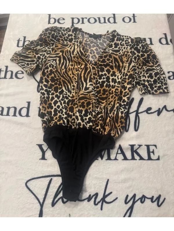 Modern animal-print bodysuit with a wrap neckline by "a... love story," size S - Image 2
