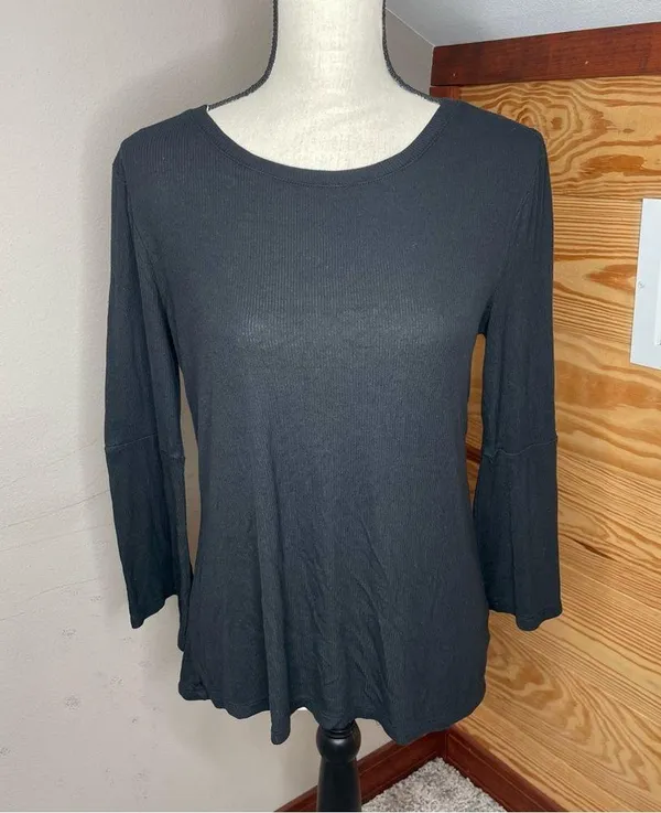 Black Rib Knit Bell Sleeve Crewneck Top Shirt Medium - Image 2