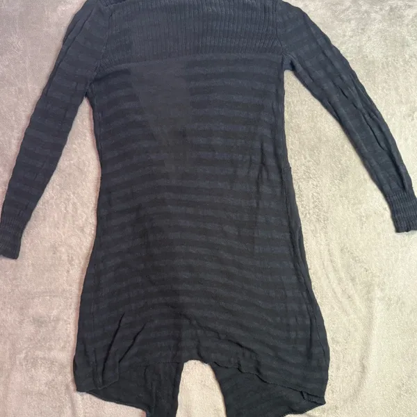 Free People Distressed Long Cardigan Womens S Black Striped Duster Open Front - Image 5