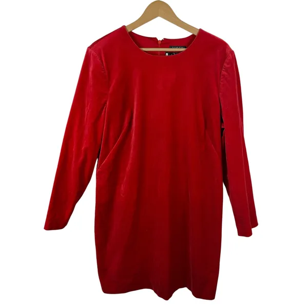 J Crew Long Sleeve Shift Dress Sz 18 Red Stretch Velvet‎ Holiday Cocktail Preppy - Image 2