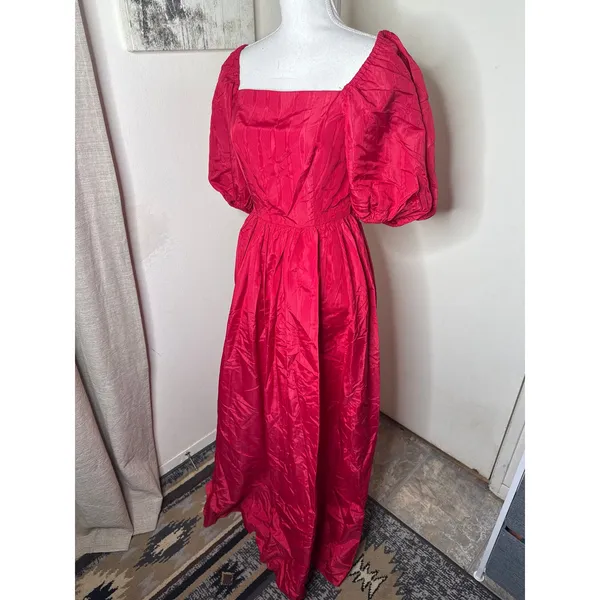 VTG 80s Romantic Red Taffeta Party Dress Puff Sleeve Square Neck Maxi Prom Gown - Image 2