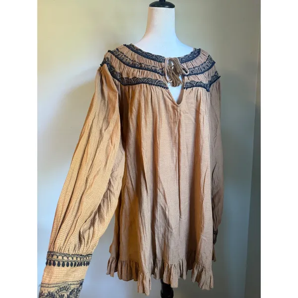 Free People Embroidered Tassel Boho‎ Mini Dress Brown Black m whimsi cottage Y2K - Image 2
