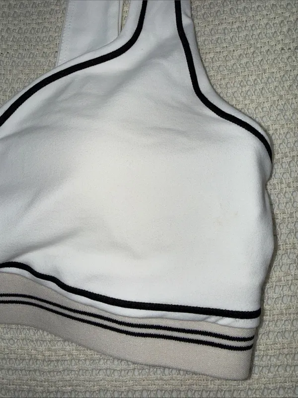 White Sports Bra with Taupe Band and Black Piping - Image 6