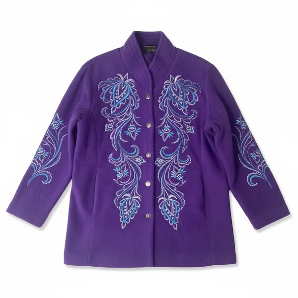Bob Mackie Wearable Art Purple Fleece Embroidered‎ Paisley Jacket Womens Large L - Image 2