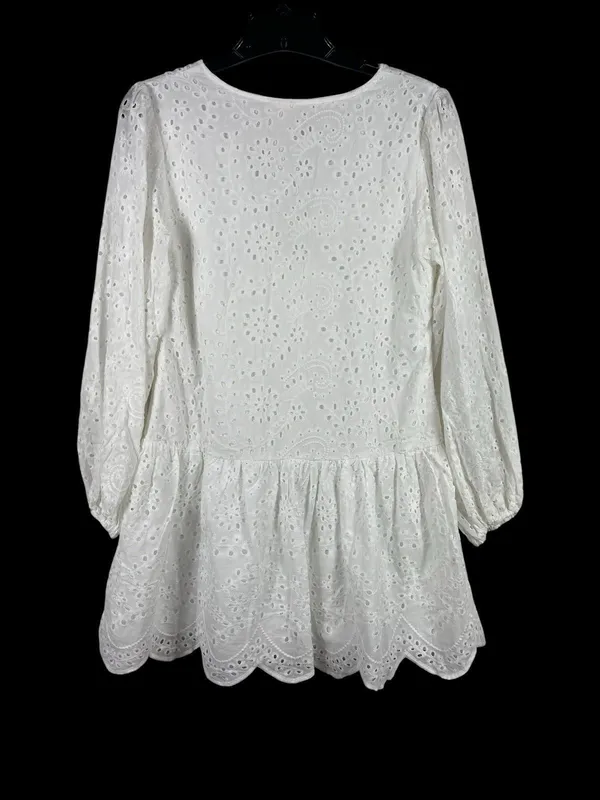 CIEN White Eyelet Button Babydoll Mini Dress M V-Neck Long Sleeve Cottagecore - Image 2
