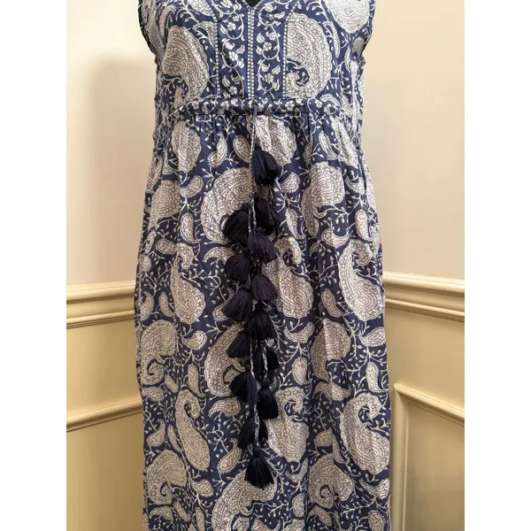 LA PLAGE Emily Cotton Printed Tassel Pocket Maxi Dress Blue White Boho Paisley - Image 3