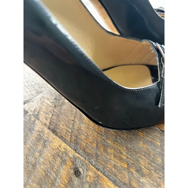 Jimmy Choo Peep Toe Pumps 39.5 Black Patent Leather Double Buckle Stiletto - Image 9