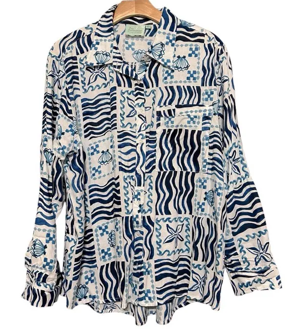 True Destinations L Blue White Nautical Hawaiian Long Sleeve Button Down Shirt - Image 2