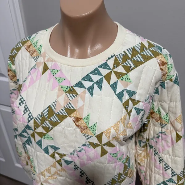 Universal Threads Quilt Quilted Cream Colorful Crew Neck Sweater Top Pullover - Image 4