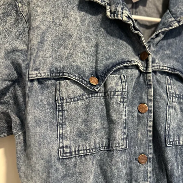 VTG 80s Denim Sz:L Acid Wash One Piece Shorts Jumpsuit Rockabilly utility-style - Image 12