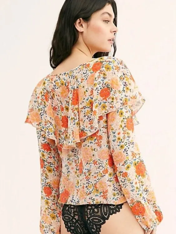 Free People Intimately Orange Floral Say It to Me Ruffle Bodysuit - Size - Small - Image 2