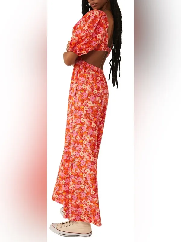 NEW FREE PEOPLE Amy Floral Cotton cutout Orange Jumpsuit sz M - Image 4