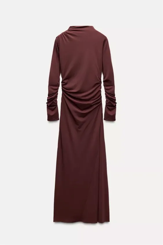 Zara Elegant Burgundy brown wine Maxi Dress stretchy long Sleeve Casual bodycon - Image 12