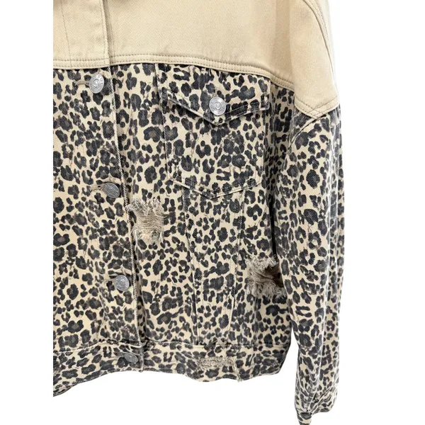 POL Leopard Print Distressed Denim‎ Jacket Tan Colorblock Oversized S Western - Image 5