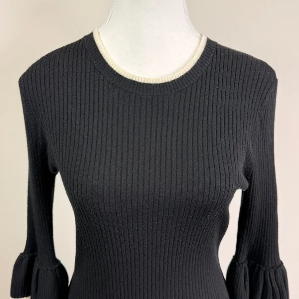 FRAME Black Wool Blend Rib Tiered Ruffle Bell Sleeve Striped Trim Sweater Small - Image 8