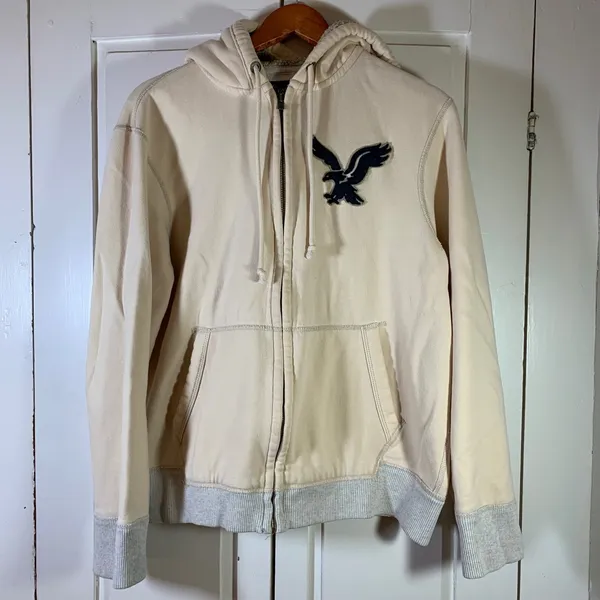 American Eagle Y2K Cream Sherpa Lined Zip Hoodie Athletic Fit‎ Large Eagle Logo - Image 3