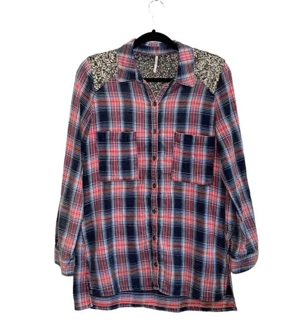 Little Bit of Sugar Red Plaid Sequin Tunic Flannel Shirt - Image 3