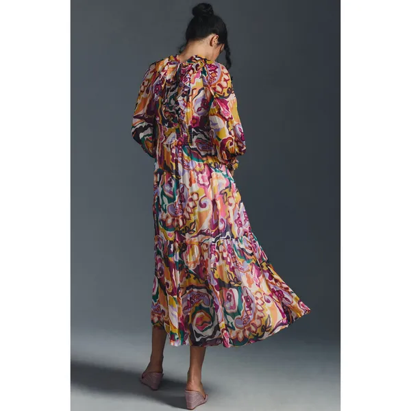Anthropologie Odetta Ruffled V Neck Dress in Patterned Multi Print Medium - Image 2