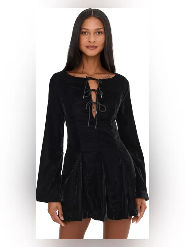 Free People Black Velvet Lace-Up Long Sleeve Mini Dress Size 8 - Image 4