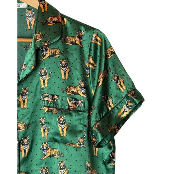 Ekouaer Satin Pajama Set Women XL Green Tiger Print Shorts Set Loungewear - Image 5