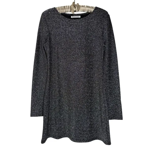 Reformation Dress M Riley‎ Fit & Flare Long Sleeve Metallic Dress Sparkly LBD - Image 5