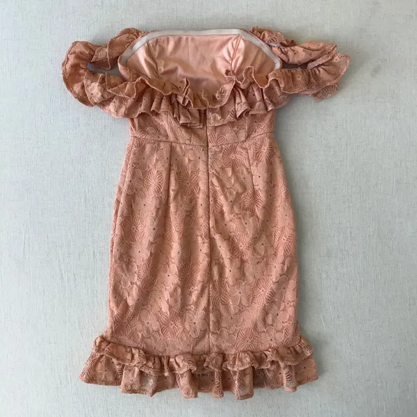 Hello Molly Lace Mini Dress Womens Size 4 Peach Coral Ruffle Off Shoulder Floral - Image 9