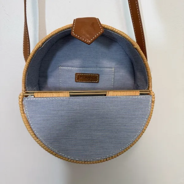 J. McLaughlin Circle Wicker Brown‎ Leather Picnic Crossbody Purse - Image 4