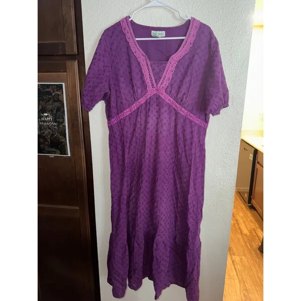 Ulla Popken Purple Eyelet Cotton Midi Dress‎ Lace Trim A-Line 82212 Womens M - Image 3
