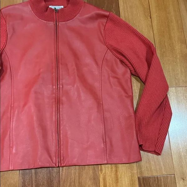 Pendleton Mixed Media‎ Jacket Womens Red Leather Front Merino Wool Zip Large - Image 3