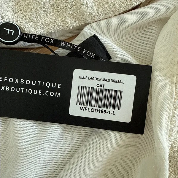 White Fox Maxi Dress Blue Lagoon Size L Oat Beige - Image 4