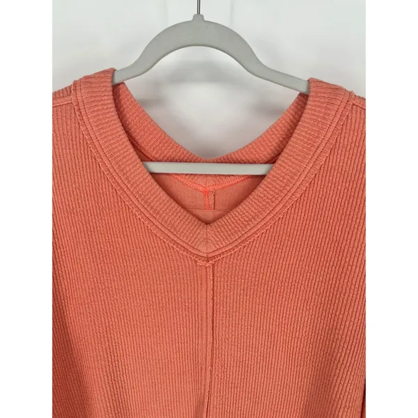 AERIE Wonder Textured V-Neck Sweatshirt Women Small Peach Waffle‎ Knit Oversized - Image 4