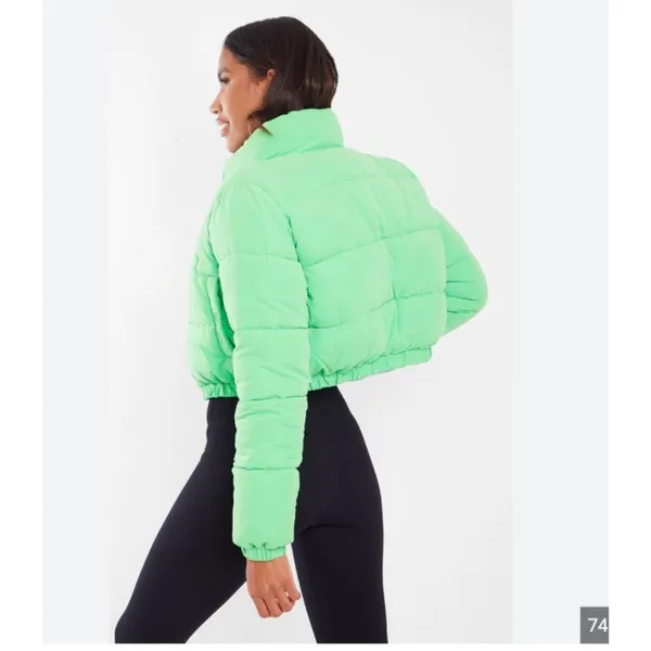 Pretty Little Thing Puffer Jacket Womens XL Green Cropped Hooded Petite Bubbl NWT - Image 2