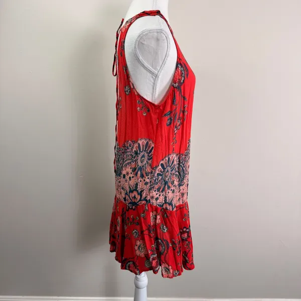 Free People Dobby Dot Flouncy Slip Dress Open Back Red Floral Paisley Mini Small - Image 4