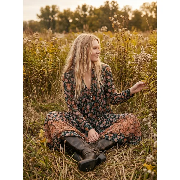 Free People See It Through Maxi Dress in Black Combo Large Floral Prairie Boho - Image 3