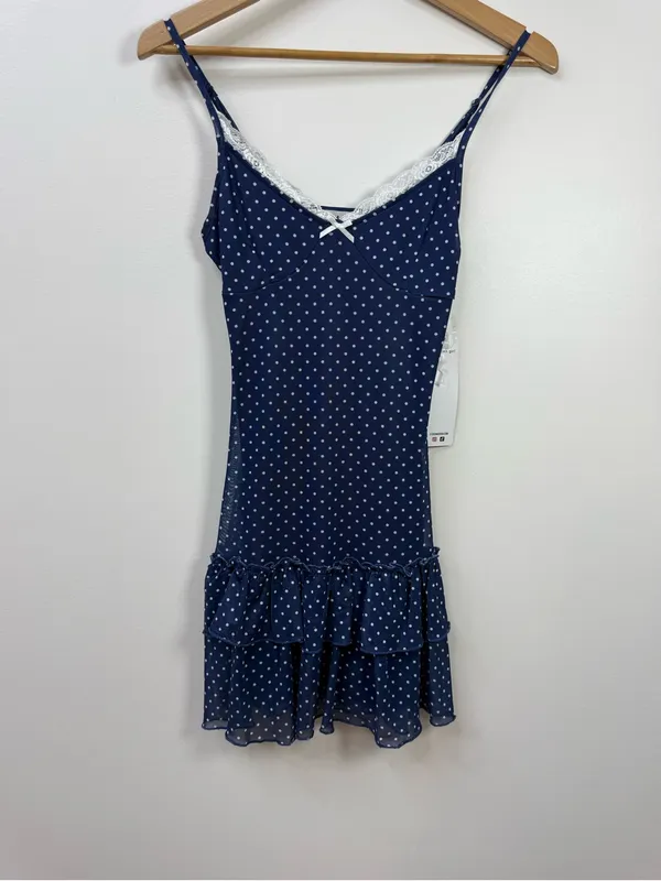 Madden Girl Navy Blue Polka Dot Lace Trim Ruffle Mini Dress Size S - Image 2