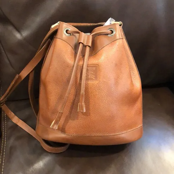 BURBERRYS Brown Leather Drawstring Bucket Bag Nova Check Lining VINTAGE - Image 5