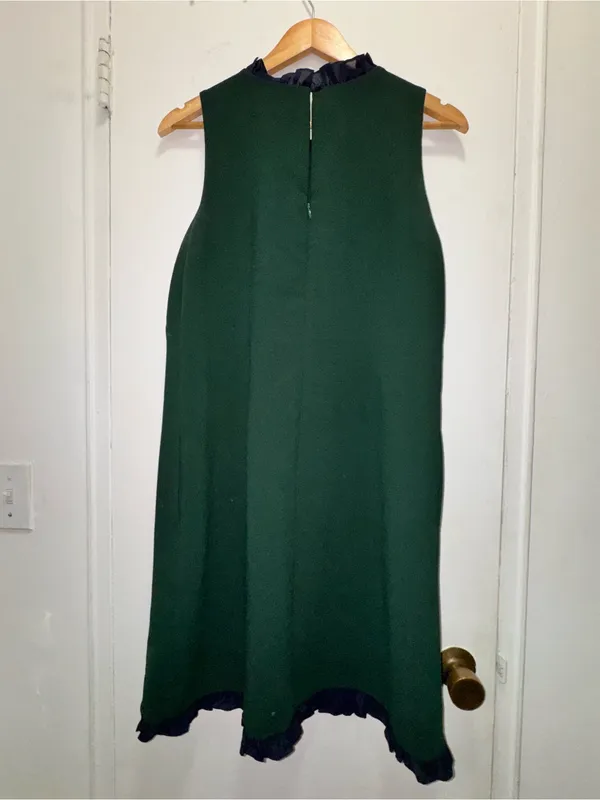 J.Crew Sleeveless Forest Green Shift Dress with Blue Ruffled Trim Size 8 - Image 7
