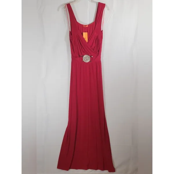 Elegant Red Halter Sleeveless Maxi Dress with Decorative Waist Buckle, NWT - Image 3